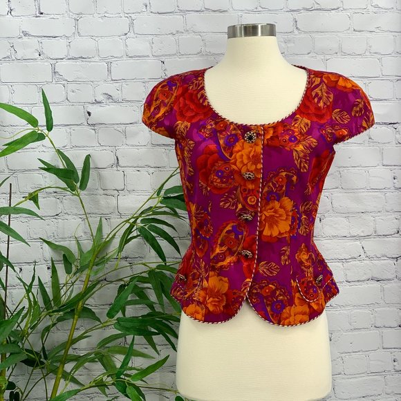 A.J. Bari Tops - AJ Bari Vintage Purple & Orange Silk Pattern Top